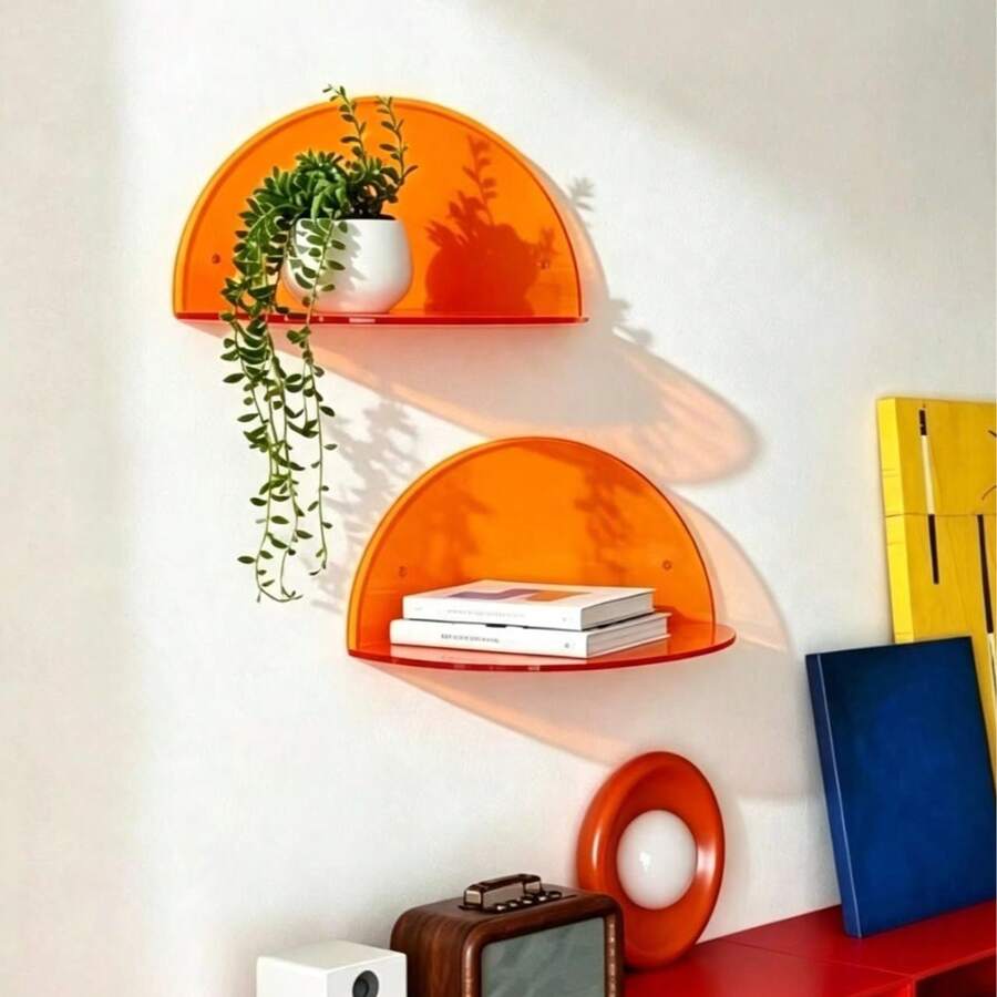 Acrylic Material Modern Wall-Mounted Round Display Shelf, Orange, Compact Wall Storage Rack, Decorative Plant & Cosmetic Storage Device, Housewarming Decor, Living Room Minimalist Bohemian Style, Wabi-Sabi Aesthetic Design, Elegant & Exquisite, Luxurious Texture, Unique Housewarming Gift For Women - Acrylic - View 1