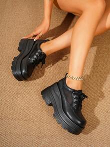 Women's Fashion Wedge Heel Thick Sole Lace-Up Breathable Square Toe Ballet Shoes - Black - View 3