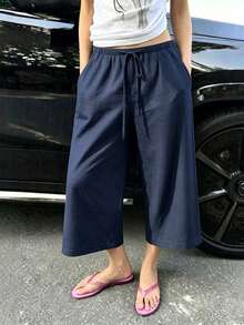 Women's Cropped Length Wide Leg Pants, Summer New Elastic Waist Drawstring Lightweight Breathable, Slouchy, Loose Versatile Casual Pants, Suitable For Daily Wear - Navy - View 6