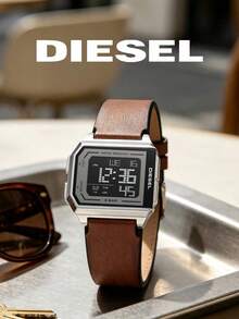 DIESEL Square Digital Watch, Silver Metal Case, Brown Leather Strap, Vintage LCD Wristwatch - Black - View 4