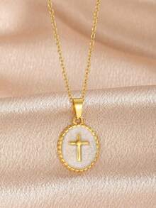 1pc Classic Rettro Gold Tone Colorful Cross Pendant Necklace Blue White Pink Oval Enamel Charm Vintage Y2K Layered Jewelry Gift - Multicolor - View 2