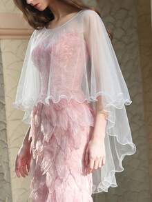 1pc White Sheer Soft Mesh Bridal Cape Shawl, Beach Vacation Outerwear Cover-Up, Wedding Evening Gown Accessory - White - View 3