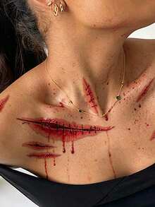 Halloween Makeup Prank Party Blood Paste Tattoo Ink Fake Scar Making Non-Drip Fake Blood + Halloween Red Scar Stitching Blood Hole Pattern Tattoo Sticker Set - Red - View 6