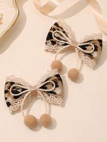 2pcs Leopard-Print Bow Hair Clips With Hairball,Lace Decor Hairpins,Exquisite Retro Hair Clips,Casual Daily Kids Girls Hair Accessories - Multicolor - View 2