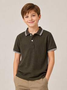 Boys' Coffee Brown Textured Short Sleeve Polo Shirt, Contrast Striped Collar And Cuffs, Preppy Style Top, Suitable For Back To School, Everyday Wear And Parties - Coffee Brown - View 3