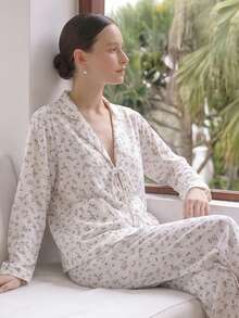 2pcs Women Loose Comfortable Breathable Long Sleeve Top And Long Pants Pajama Set - White - View 1