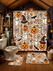 4-Piece Kids' American Cartoon Halloween Bathroom Set, Waterproof, Moisture-Proof, Mildew-Resistant, Semi-Transparent Shower Curtain With Cute Ghost, Pumpkin, Witch Hat, Mummy And Candy Patterns, U-Shaped Non-Slip Bath Mat, Toilet Mat, Home Bathroom Decor - A - View 3