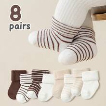 8 Pairs Cute Baby Striped Mid-Calf Socks, Soft And Comfortable Terry Socks For Toddlers Home Wear - Multicolor - View 8