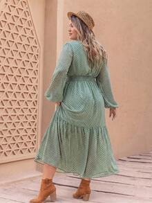 Plus Size Women's Polka Dot Embroidered V-Neck Dress - Green - View 2