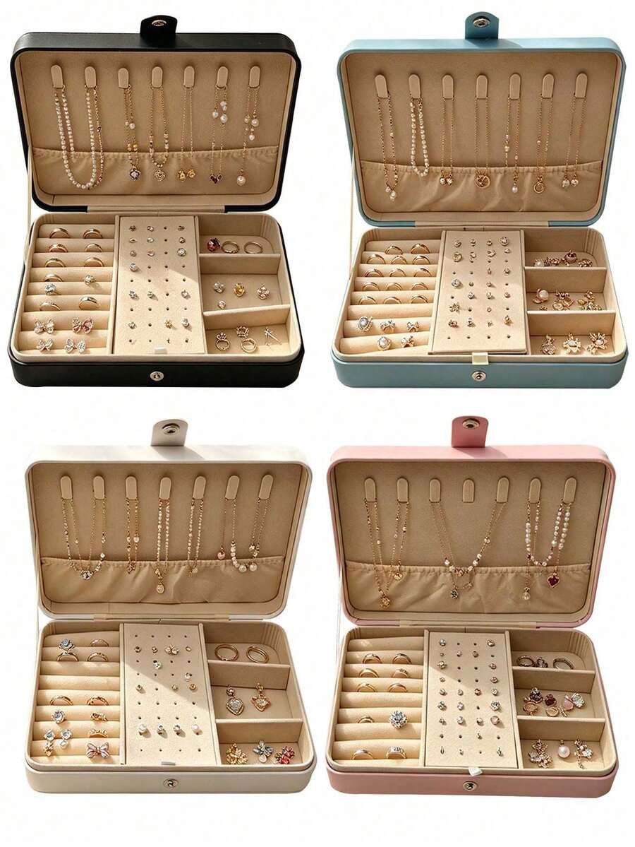 1pc Large Capacity Jewelry Storage Box, PU Travel Jewelry Organizer, Cosmetic Storage Box, Pink Travel Accessory, Jewelry Storage Container, Travel Essential, Suitable For Storing Earrings, Necklaces, Rings, Etc., Holiday Gift, Women's Gift.