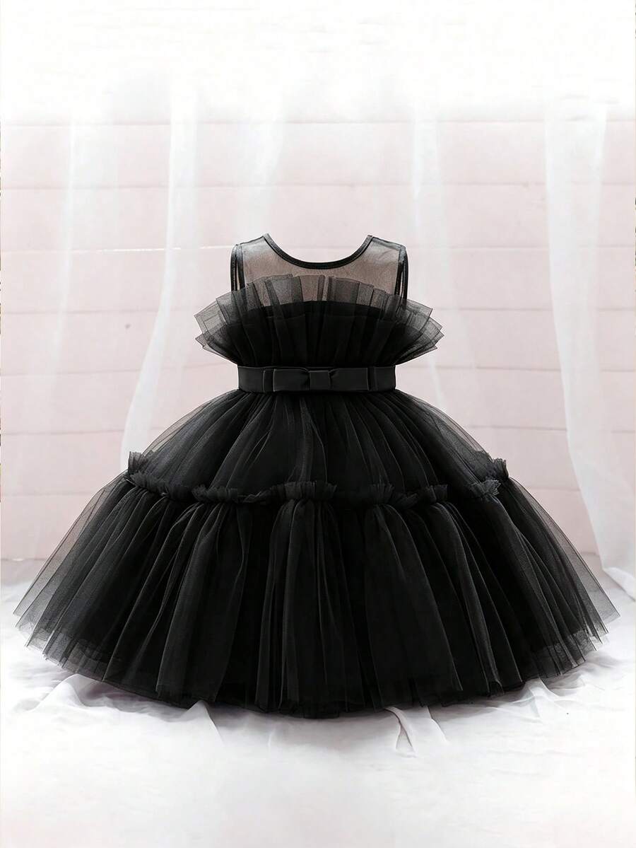 Baby Girls Sleeveless Bow Pleated Mesh Cute Puff Birthday Dress, Headband Not Included - Black - View 1