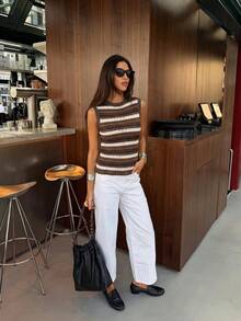 ACKCER Women's Spring/Autumn Mixed Brown & White Horizontal Striped Hollow Round Neck Fitted Sleeveless Knit Vest - Multicolor - View 6