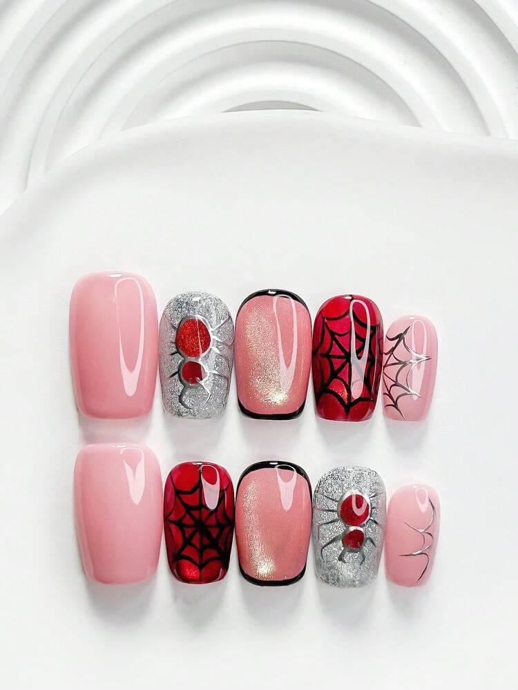 10pcs Halloween Themed Vintage Spider Web Style Handmade Press-On Nails, Polygel Nail Art Set, Spider Pattern, Red Nail Polish, Hot Girl Halloween Style, Includes Nail Tools, 3 Sizes Available, Square/Short Square/Almond Shape, Suitable For Party, Dancing, Daily Wear - Multicolor - View 4