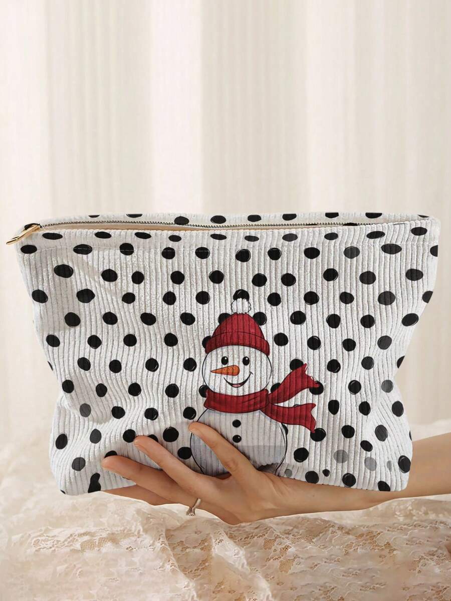 1pc Polka Dot Snowman Print Corduroy Makeup Bag, Zipper Closure, Christmas‑Themed Toiletry Organizer Bag For Daily Use, Travel And Holiday Gifting - Multicolor - View 1