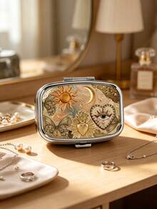 Square Metal Portable Jewelry Box With Classical Sun And Moon Patterns, 2-Compartment Organizer, Vintage Pattern Jewelry Storage Box, Suitable For Vitamins, Earrings, Rings, Travel Bag Pocket Storage, Ideal For Daily Use, Weekend Trips, Wedding Occasions, Outdoor Carry, Birthday, Bridesmaid, Jewelry Lover Gifts - Multicolor - View 7