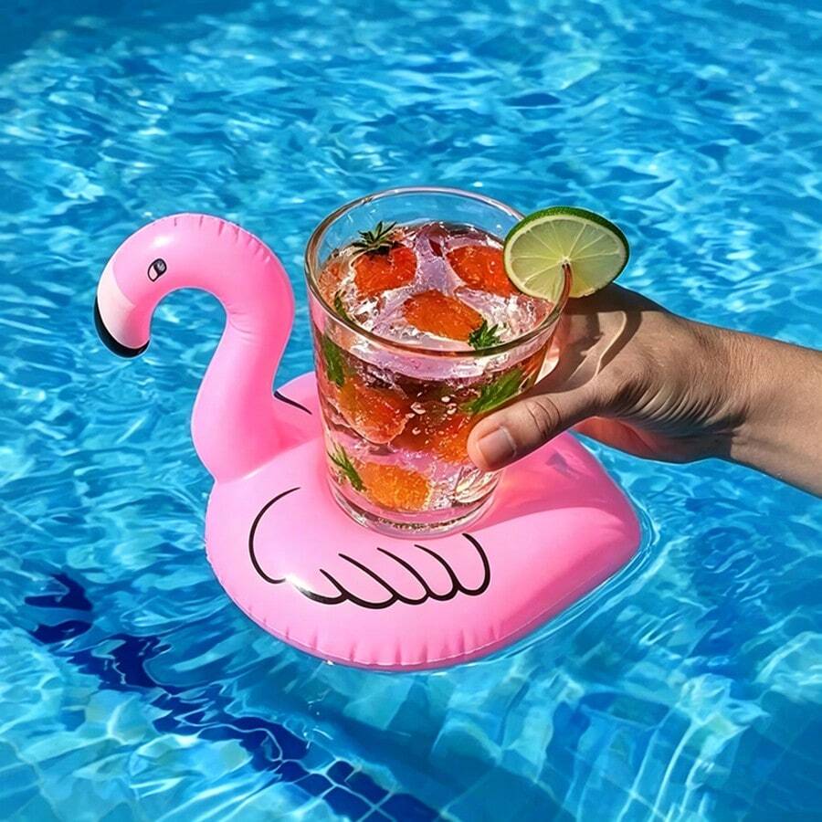 1 Set 2pcs Inflatable Flamingo Drink Cup Holder, Pink Floating Drink Cup Mat With Glitter Sequins, Suitable For Adults, Pool Beach Summer Bachelorette Party Water Accessories - Pink Flamingos - View 1