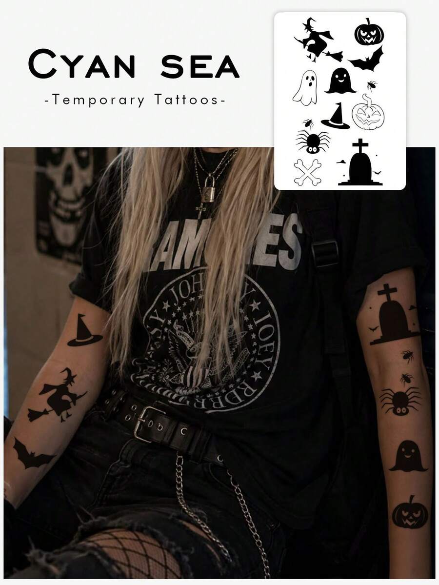 1pc Cute Gothic Style Halloween Hand-Drawn Witch Ghost Bat Combo Vertical Temporary Tattoo Sticker, Skin-Friendly Realistic Tattoo, Suitable For Party, Music Festival And Graduation Gift, Lasts 3-5 Days - Black - View 1