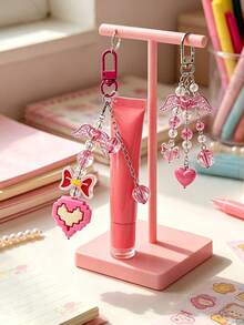15ml Slanted Mouth Lipstick Tube With Pink Pixel Heart Shaped Keychain, Angel Wings And Rainbow Colored Transparent Beads Pendant, Multi-Functional Bag Charm, Refillable Cosmetic Container, Squeeze Dispenser Bottle, Lip Gloss Keychain, Beauty Tool, Lipstick Bag Charm, Birthday, Back To School Gift, Graduation Gift, Wedding Accessory - Multicolor - View 3