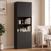 HOMCOM Buffet Haut Cuisine, Armoire de Cuisine, Vaisselier, 4 Portes à Fermeture Douce, 2 Compartiments Ouverts et Étagères Réglables, Meuble de Rangement pour Salon, Salle à Manger, 60x30x170cm, Noir - Noir - Voir 6