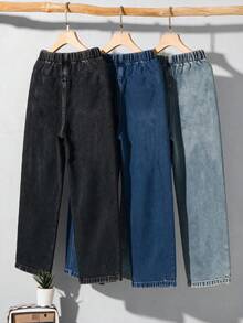 3pcs Boys' Casual Street Vintage Style Distressed Jeans With Side Panel Patchwork Design, Elastic Waistband Pockets, Spring/Summer/Autumn - Multicolor - View 3
