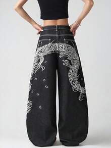 1件美式街頭復古女款紅色刺繡黑色牛仔褲 寬鬆舒適寬腿時尚四季百搭牛仔長褲（本產品不含腰帶/配件） - 黑與白 - 查看 2