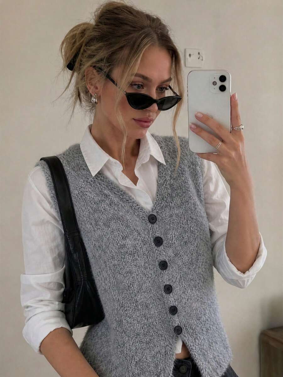 Wixra Women's V‑Neck Button Front Sleeveless Knit Vest Cardigan, Fuzzy Loose Fit Knit Waistcoat - Grey - View 1