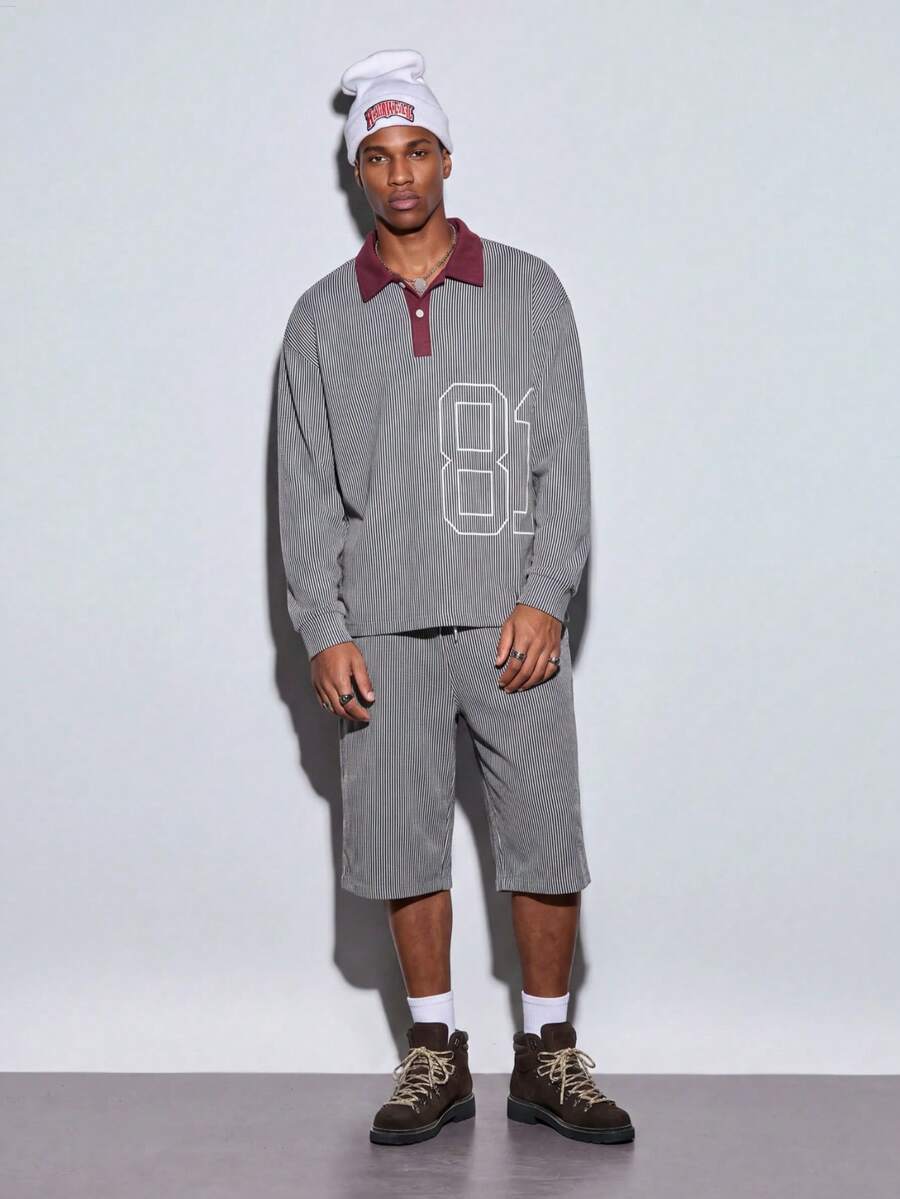 Modcrash American Retro Striped Colorblock Digital Print Long Sleeve Shirt & Loose Wide Leg Capri Pants 2pcs Set For Men - Grey - View 1