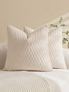 1/2 piezas Funda de cojín de terciopelo beige con rayas onduladas, funda de cojín cuadrada, decoración del hogar para días festivos, tela suave y cómoda, decoración moderna para sofá, dormitorio, dormitorio - Beis - Ver 2