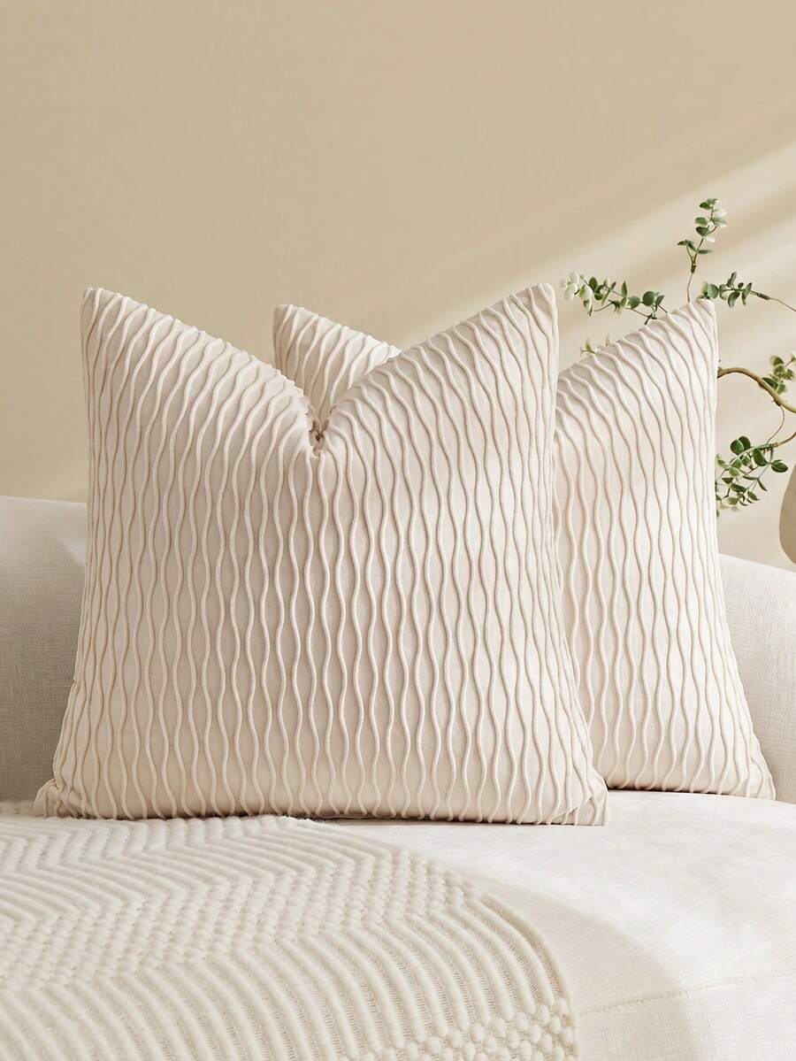 1/2 piezas Funda de cojín de terciopelo beige con rayas onduladas, funda de cojín cuadrada, decoración del hogar para días festivos, tela suave y cómoda, decoración moderna para sofá, dormitorio, dormitorio