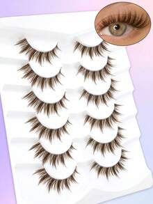 6 Pairs Brown Thick Pointed Tail Cartoon Eyelashes Invisible Curl Fluffy Natural Fresh Korean Style Faux Mink Fur Big Eye False Eyelashes One-Piece Beginner Eyelashes 009 - Brown - View 7