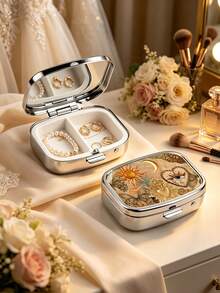 Square Metal Portable Jewelry Box With Classical Sun And Moon Patterns, 2-Compartment Organizer, Vintage Pattern Jewelry Storage Box, Suitable For Vitamins, Earrings, Rings, Travel Bag Pocket Storage, Ideal For Daily Use, Weekend Trips, Wedding Occasions, Outdoor Carry, Birthday, Bridesmaid, Jewelry Lover Gifts - Multicolor - View 6