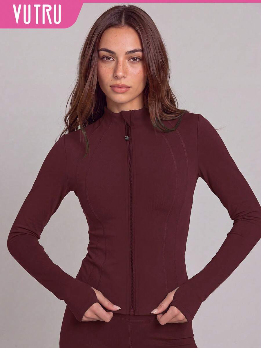 Jaket Olahraga Wanita Slim Fit VUTRU dengan Lubang Jempol dan Kerah Tegak Kecil