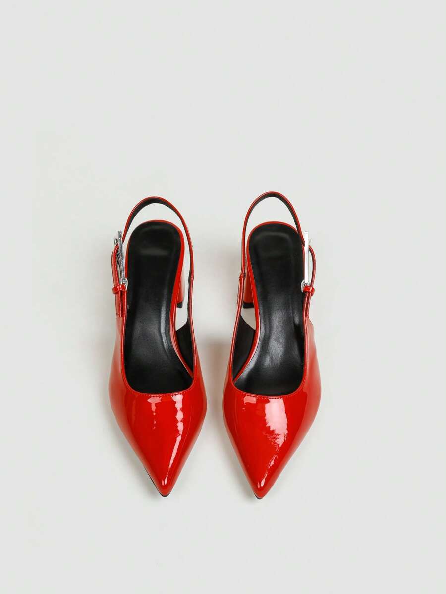 Fashionable Pointed Toe Chunky Heel Shoes With Back Strap, Women's Ankle Buckle Dress Pumps, Suitable For Evening Party And Daily Wear - Red - View 1