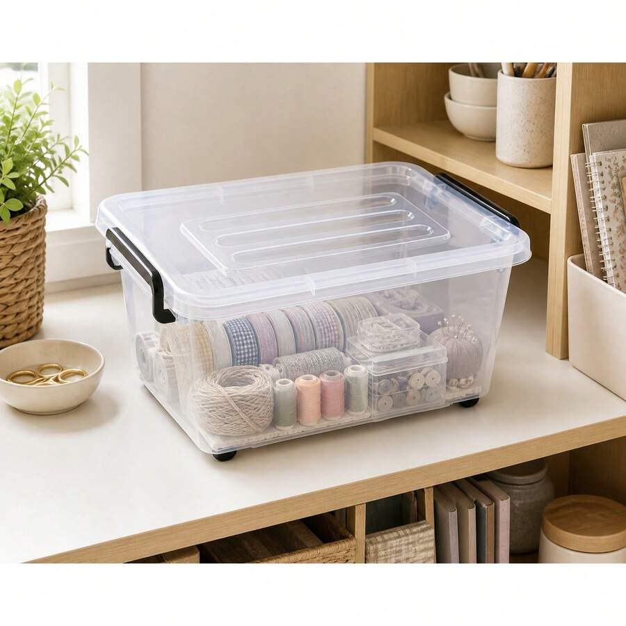 37cm Clear Plastic Storage Box With Lid, Stackable Organizer Bin For Crafts, Office Supplies, Small - Size 13L/27L/42L/62L/88L/109L Options - Black - View 1