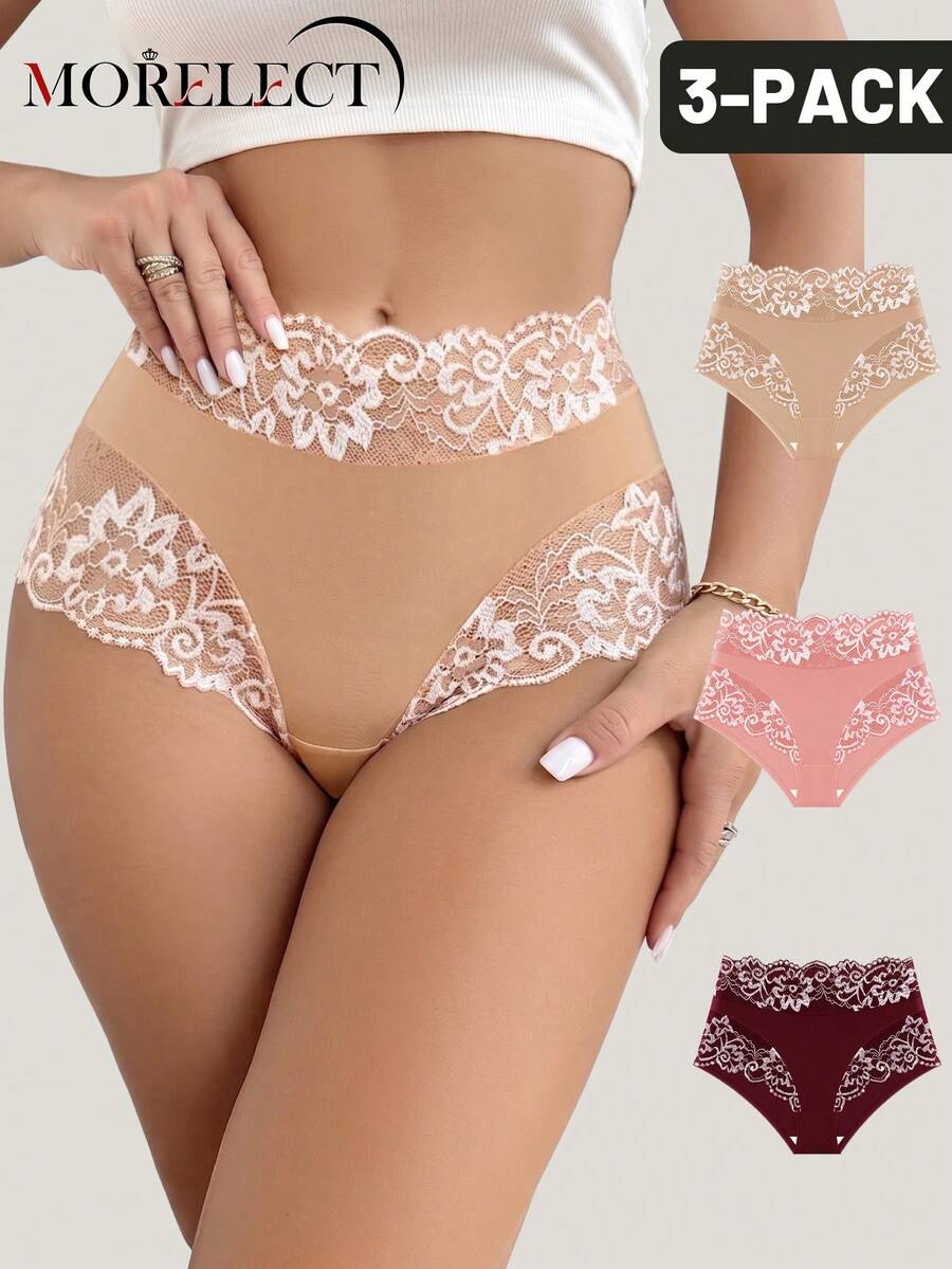 Morelect 3 buah celana dalam wanita model mid-high waist dengan detail renda dan patchwork, nyaman, lembut, dan bernapas.