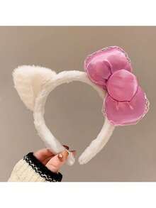 1pc Pink Bow Plush Headband, Cute And Comfortable Hair Accessory, Suitable For Face Washing And Autumn/Winter Styling - Multicolor - View 6