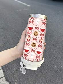 1pc/5pcs 500ml Pink Christmas Dessert Travel Mug, Double-Wall Stainless Steel Insulated Cup, Christmas Hat, Candy Cane, Cookie And Bow Holiday Print Design, Portable Coffee Cup With COFFEE Printed Lanyard, Suitable For Daily Commute - Pink - Christmas Hat Cookies - View 7