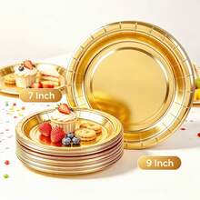 50/100pcs Gold Foil Paper Plates, 7 Inch & 9 Inch, Round Dessert Dinner Plates For Birthday Wedding Party Tableware Supplies Catering Holiday BBQ Events, Decorative Paper Plates For Crafts - Gold - View 1