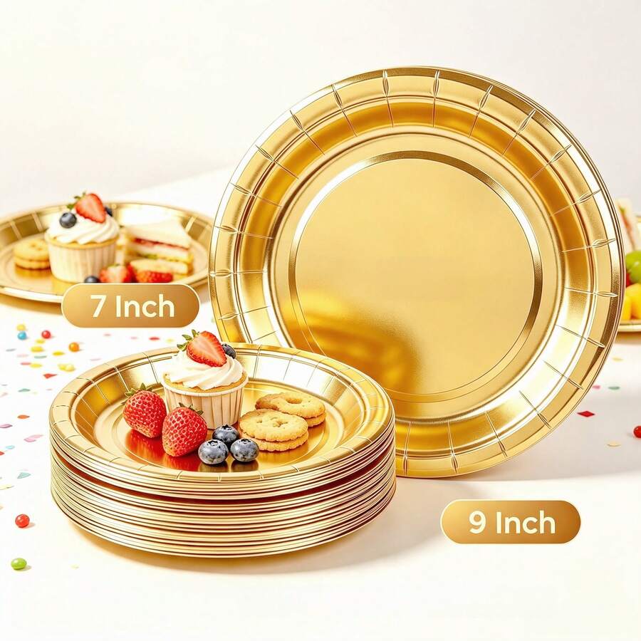 50/100pcs Gold Foil Paper Plates, 7 Inch & 9 Inch, Round Dessert Dinner Plates For Birthday Wedding Party Tableware Supplies Catering Holiday BBQ Events, Decorative Paper Plates For Crafts - Gold - View 1