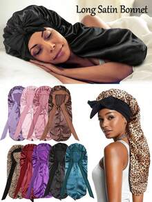 1pc Long Satin Silk Sleep Cap, Women's Sleep Cap, Silky Drawstring Sleep Cap, Suitable For Braids And Curly Hair, Plus Size Satin Sleep Cap With Elastic - Multicolor - View 9