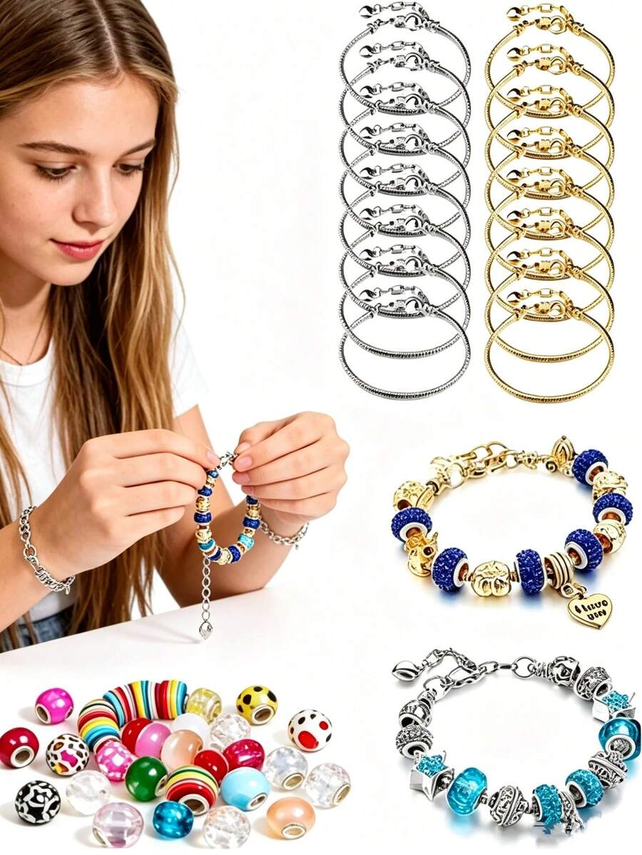 3/6/12/24/50/100pcs Gold Plated Snake Chain Bracelet Set, With Heart-Shaped Lobster Clasp, European Style, Suitable For Christmas DIY, Applicable For Women's Jewelry Accessories, Also Can Be Used For Bracelet Making - Multicolor - View 1