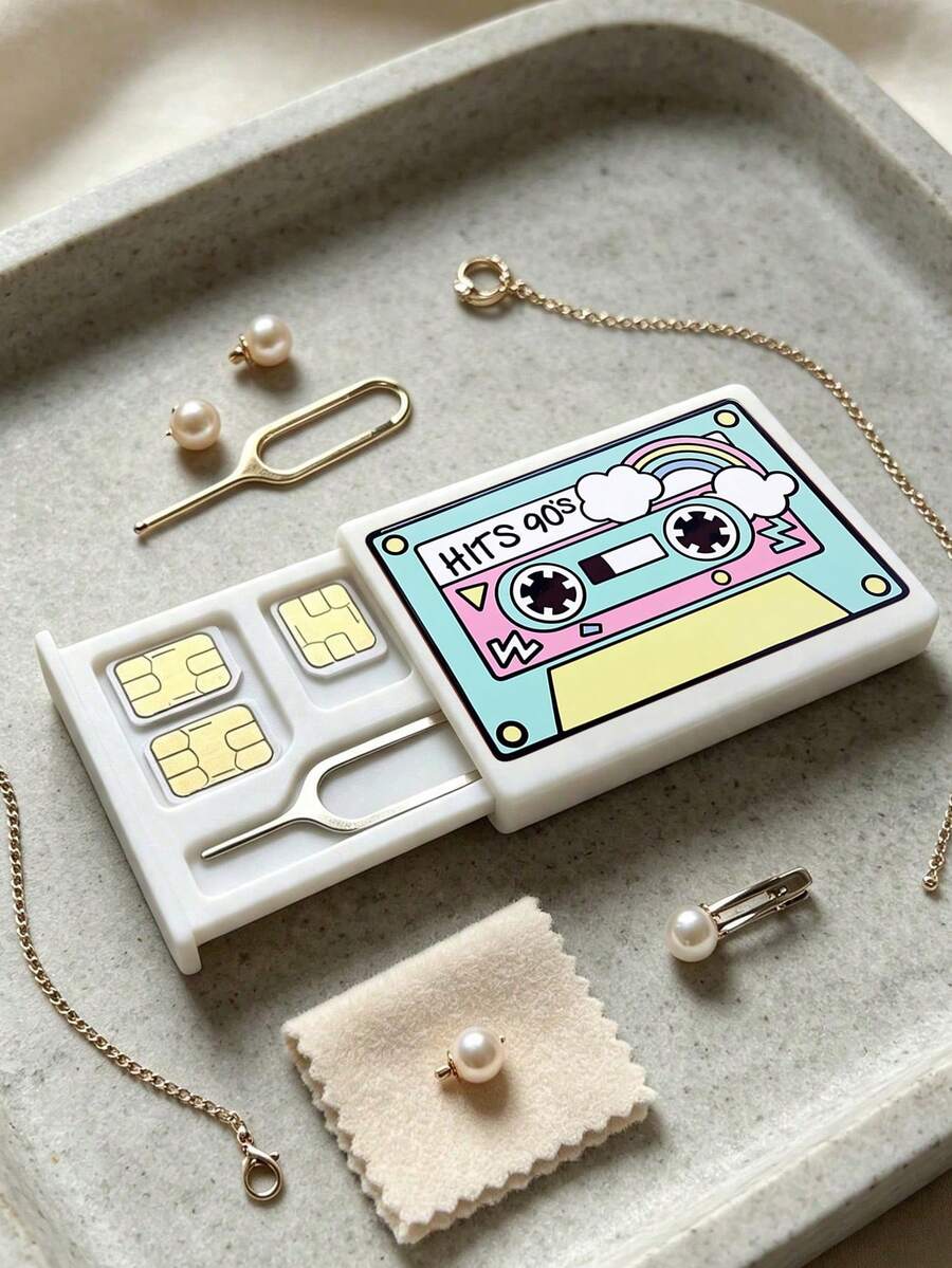 Vintage Cassette Tape Design Printed SIM Card Storage Box With Ejector Pin, Phone Card Organizer, Reusable, Perfect Holiday Gift For Family, Partner And Friends - Multicolor - View 1