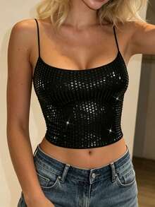 ATTRACO 女款亮片裝飾純色極簡主義細肩帶背心，時尚性感亮片細肩帶上衣，新年夏季黑色上衣 - 黑色 - 查看 3
