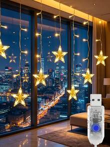 1pc Star-Shaped Waterfall Curtain Light, Star-Shaped LED String Lights, USB Powered, 8 Lighting Modes, Suitable For Home, Window, Wedding, Party, Christmas, Patio, Garden, Wall Decoration, Christmas Window Decor, Room Decoration Light - Warm Light - View 4