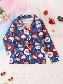 2pcs/Set Christmas Children's Pajama Set, Cartoon Christmas Snowman Print Pattern Lapel Long Sleeve Cardigan With Elastic Waist Long Pants, Flame Retardant Knit Fabric, Suitable For All Seasons, Girls Middle And Older Children - Navy Blue - View 3