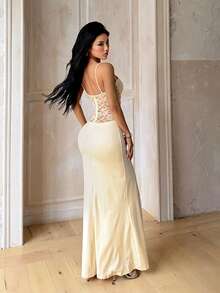 Women's Lace Patchwork Split Design Elegant Waist-Cinching Party Dress - Yellow - View 3
