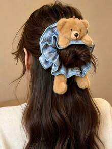 1/1/2/Pcs/Set Brown Plush Headband + Bear Plaid Hair Scrunchie Combination, Cute Hair Accessories - Suitable For Girls And Women, Essential For Daily Wear And Parties - Multicolor - View 2