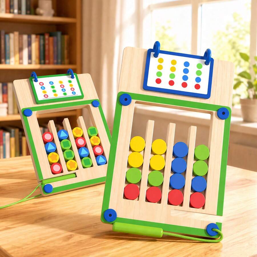 1 Set Kids Magnetic Double-Sided 4-Color Maze Game Wooden Magnetic Pen Tracing Toy Baby Color & Shape Matching Logic Thinking Concentration Training Parent-Child Desktop Early Education Board Game