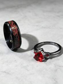 2pcs New Fashion Stainless Steel Rings, Couple's Rhinestone Studded Matching Rings, Men's And Women's Jewelry Set - Heart-shaped Couple Rings - View 7