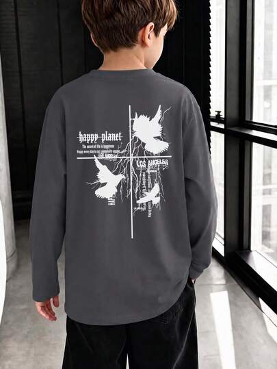 1pc Tween Boys Crew Neck Long Sleeve Top, Back Funny French Letter Slogan Print, Loose Casual Everyday Outing, Dark Grey Versatile Pullover Children's Clothing, Spring/Autumn